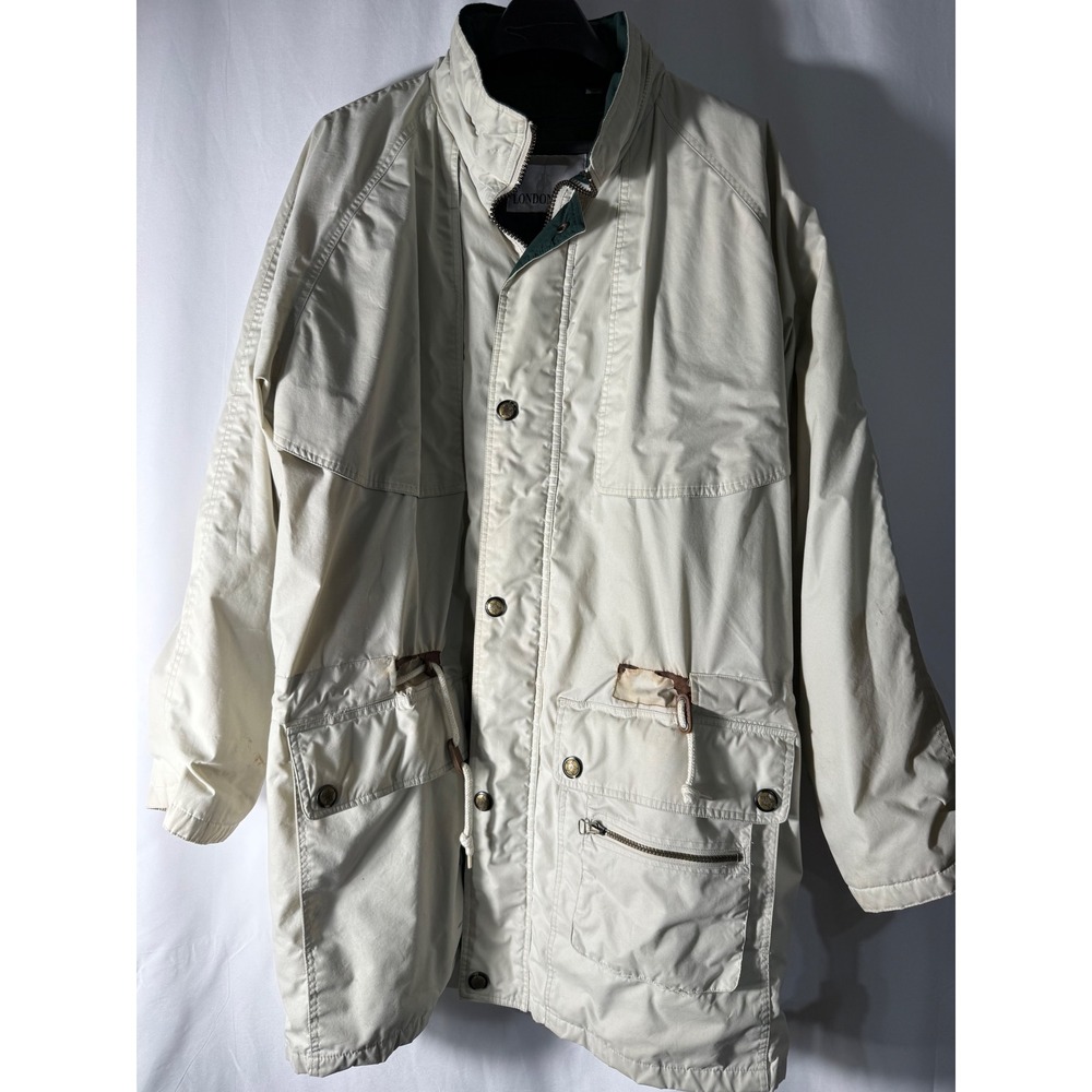 London Fog Mens Field Jacket Cream XL Long Quilted Lining Full Zip Utility Coat